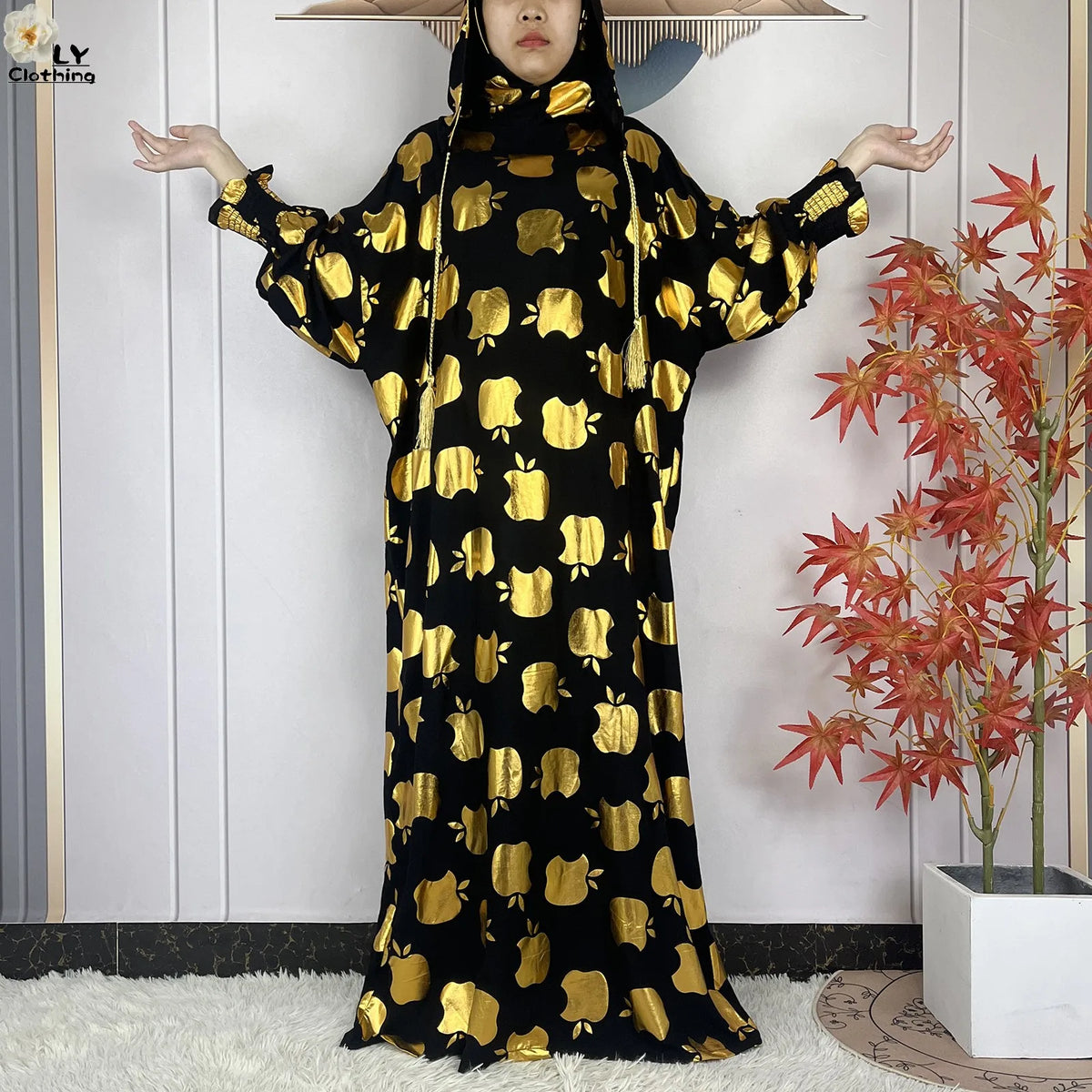 Gold-Motif Hooded Prayer Dress | HIA