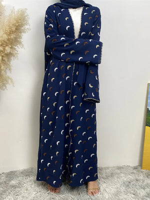 Crescent Embroidered Open Abaya — Navy | HIA