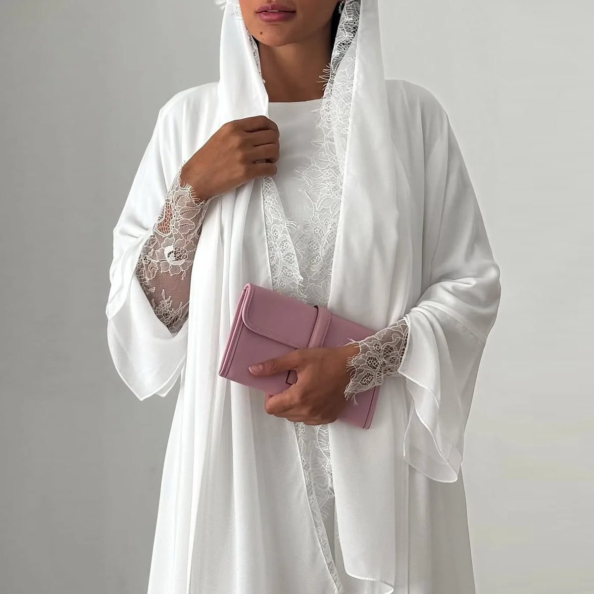 HIA White Lace-Trim Open Abaya & Hijab Set — lace cuff and hijab detail