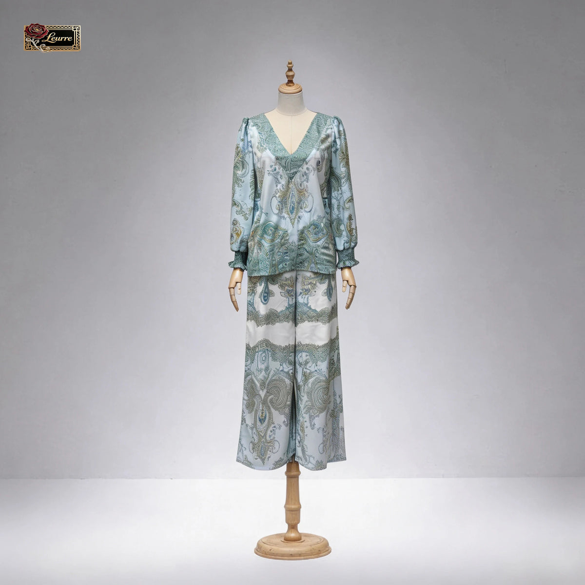 Seafoam Paisley Blouse & Wide-Leg Pants Set — actual garment on mannequin