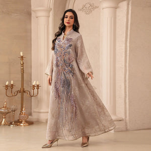 HIA Sequined Botanical Embroidered Abaya — Purple flowing silhouette