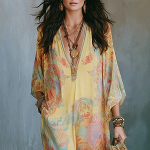 HIA pastel paisley V-neck kaftan — Yellow neckline and print detail