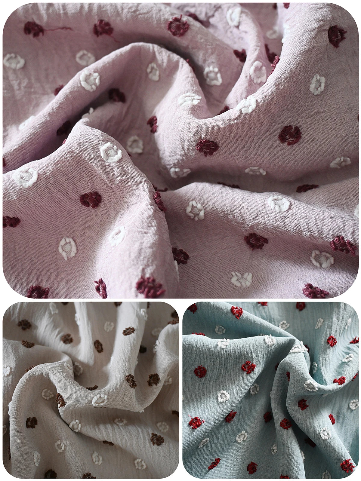 Close-up of raised dot texture in mauve, stone and aqua fabric