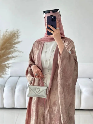 HIA Textured Satin-Look Open Abaya — Dusty Pink, upper-front view