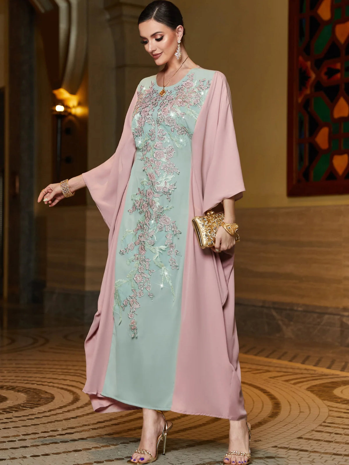 Rose & Mint Embellished Kaftan — Wide-sleeve shape
