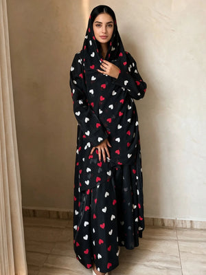 Heart Print Abaya & Hijab Set — Black with Red Hearts front