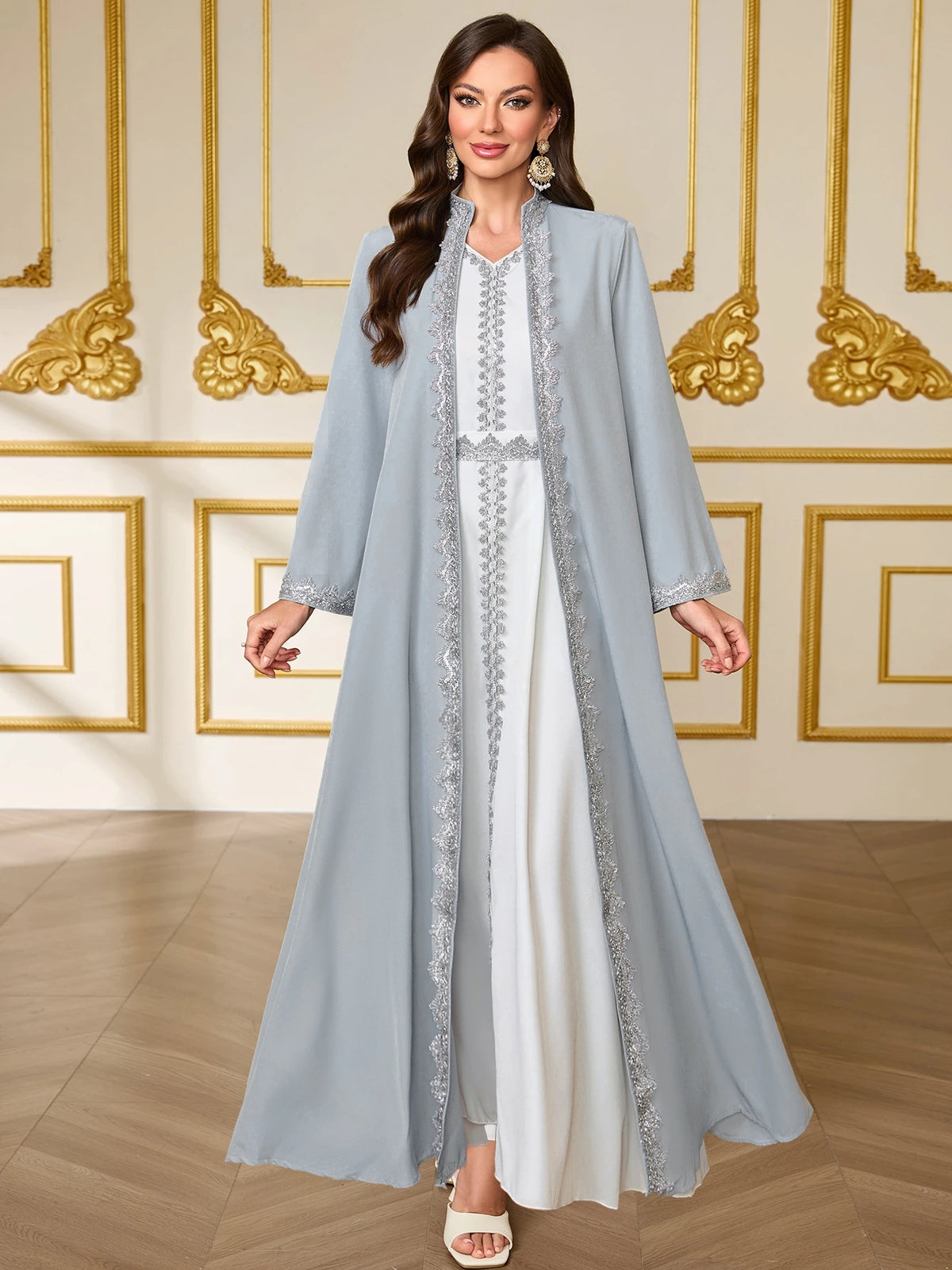 Lace-Trim Abaya & Dress Set in Grey-Blue — HIA