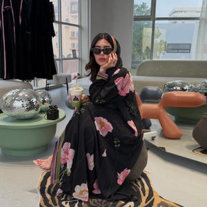 Black Floral Border Abaya & Hijab Set — product view 4