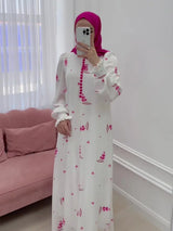 Petal-Print Button-Detail Maxi Dress in White — HIA