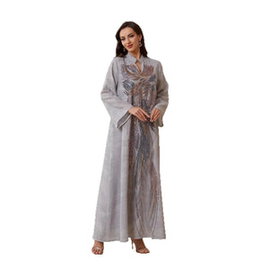 Sequin Feather-Pattern Kaftan Dress — Gray full-length front on white background