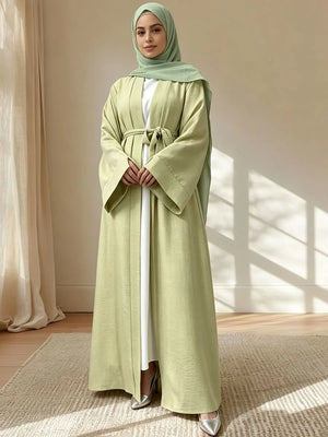 Full-length front view of the Green belted open abaya