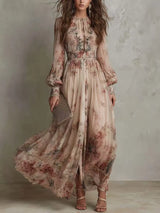 HIA Vintage Floral Long Dress in beige floral, front view