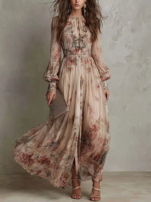 HIA Vintage Floral Long Dress in beige floral, front view