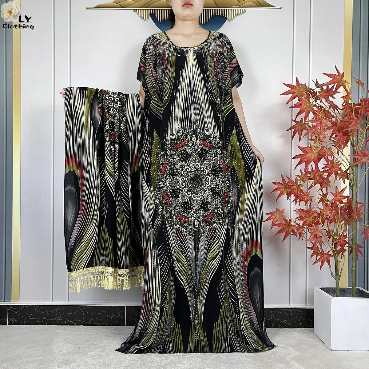 Multicolor Maxi Kaftan & Scarf Set — Green Multicolor | HIA