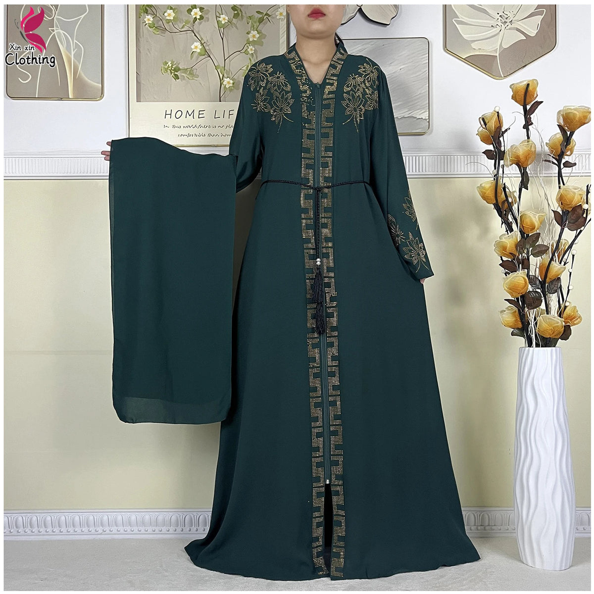 Forest green Ornate zip-front abaya with a decorated neckline