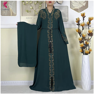 Forest green Ornate zip-front abaya with a decorated neckline