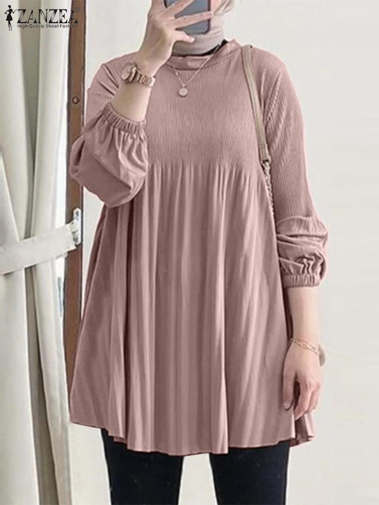 ZANZEA Pleated Long Blouse – O-Neck, Long Sleeve