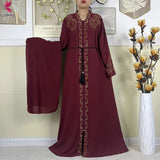 Burgundy Ornate zip-front abaya with belt