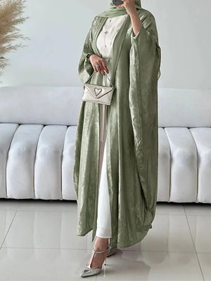 HIA Textured Satin-Look Open Abaya — Light Green, full front view