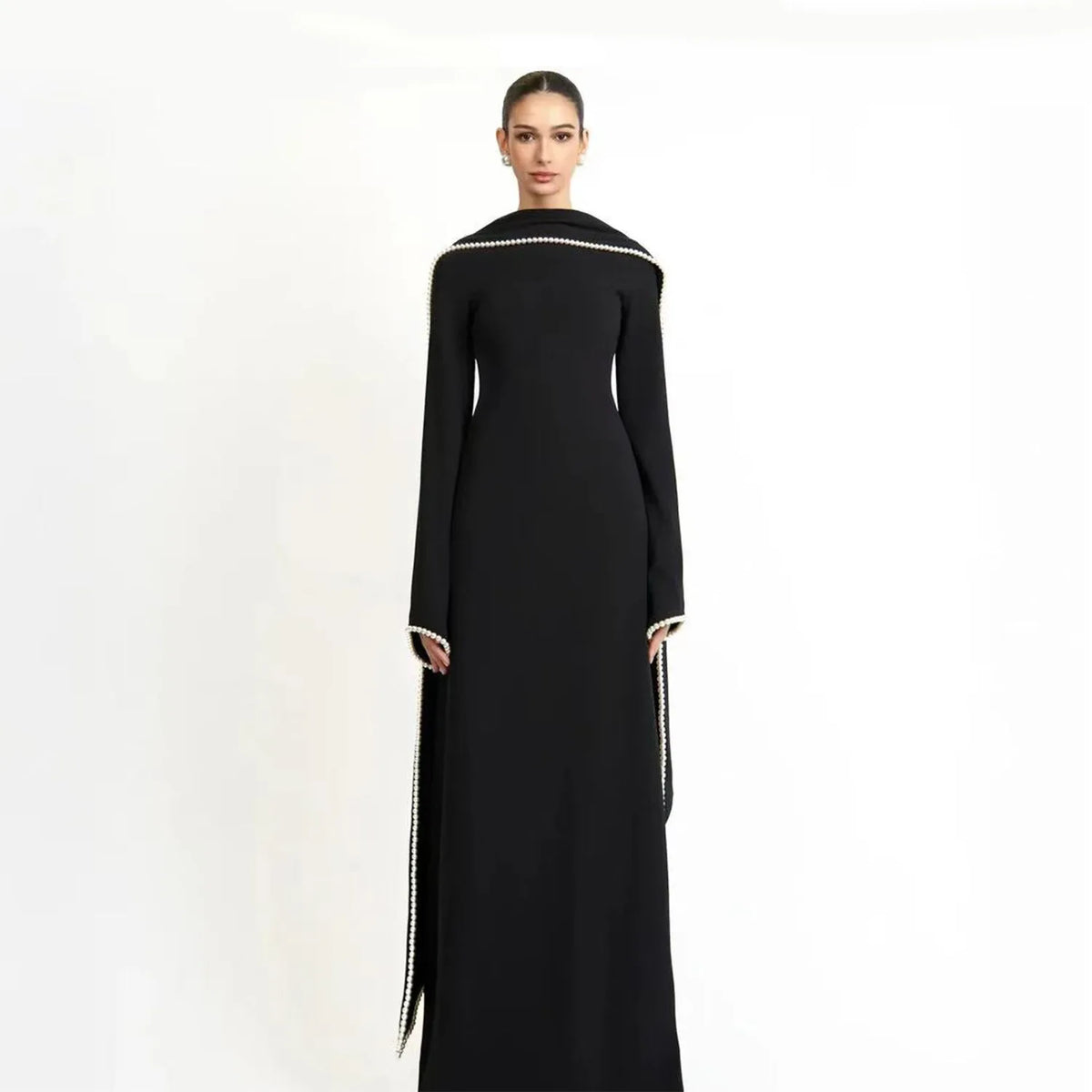 Pearl-Trim Cape Maxi Dress — Black side cape