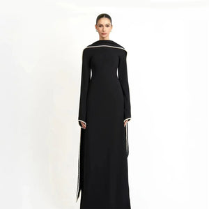 Pearl-Trim Cape Maxi Dress — Black side cape