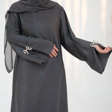 HIA Bow-Cuff Satin Abaya — Gray sleeve detail