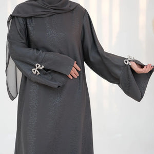 HIA Bow-Cuff Satin Abaya — Gray sleeve detail