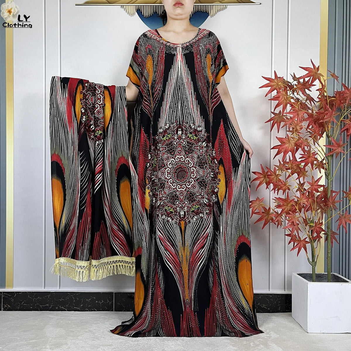 Multicolor Maxi Kaftan & Scarf Set — Red Multicolor | HIA