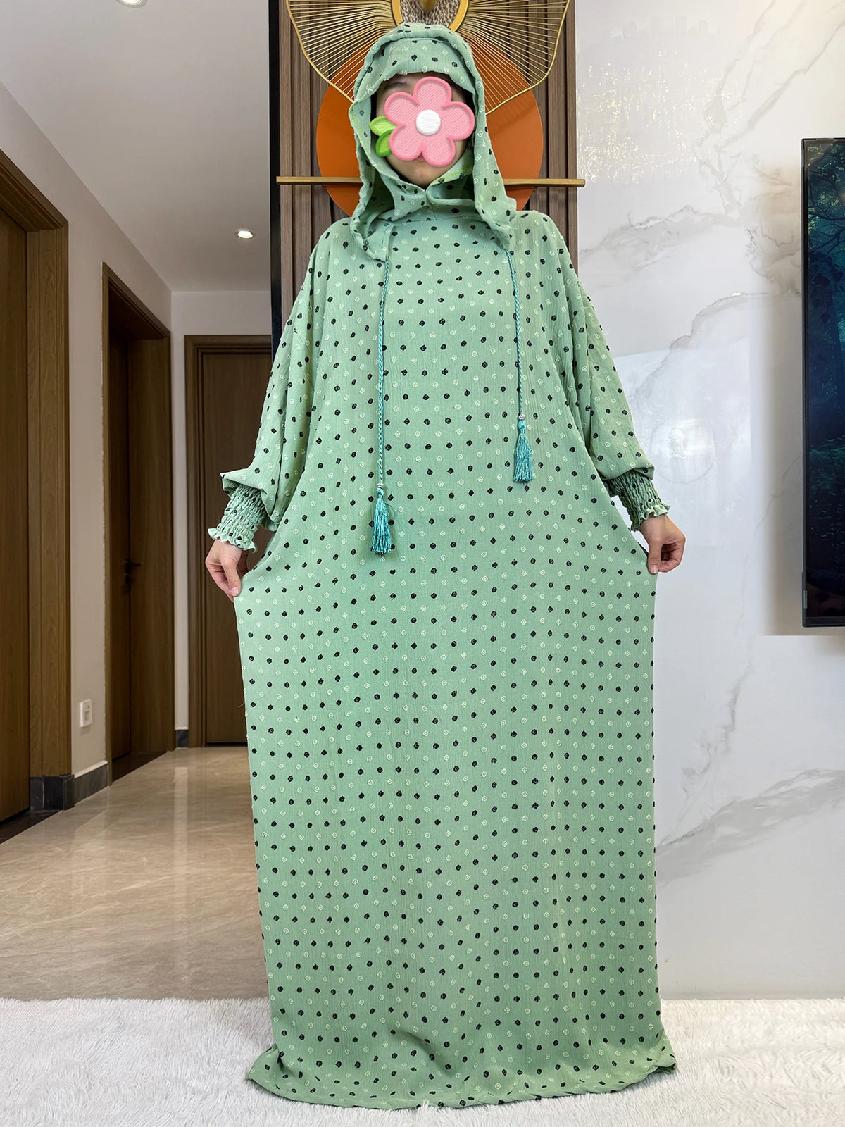 Mint fine-dot hooded prayer dress, full-length front view