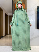 Mint fine-dot hooded prayer dress, full-length front view