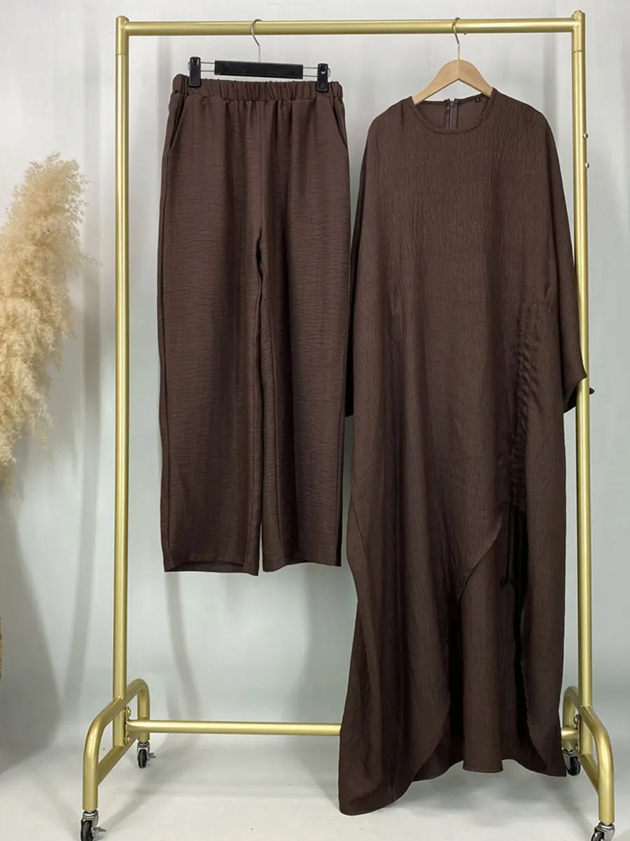 HIA Ruched Crinkle Tunic & Wide-Leg Trousers Set — outfit and fabric detail, view 7