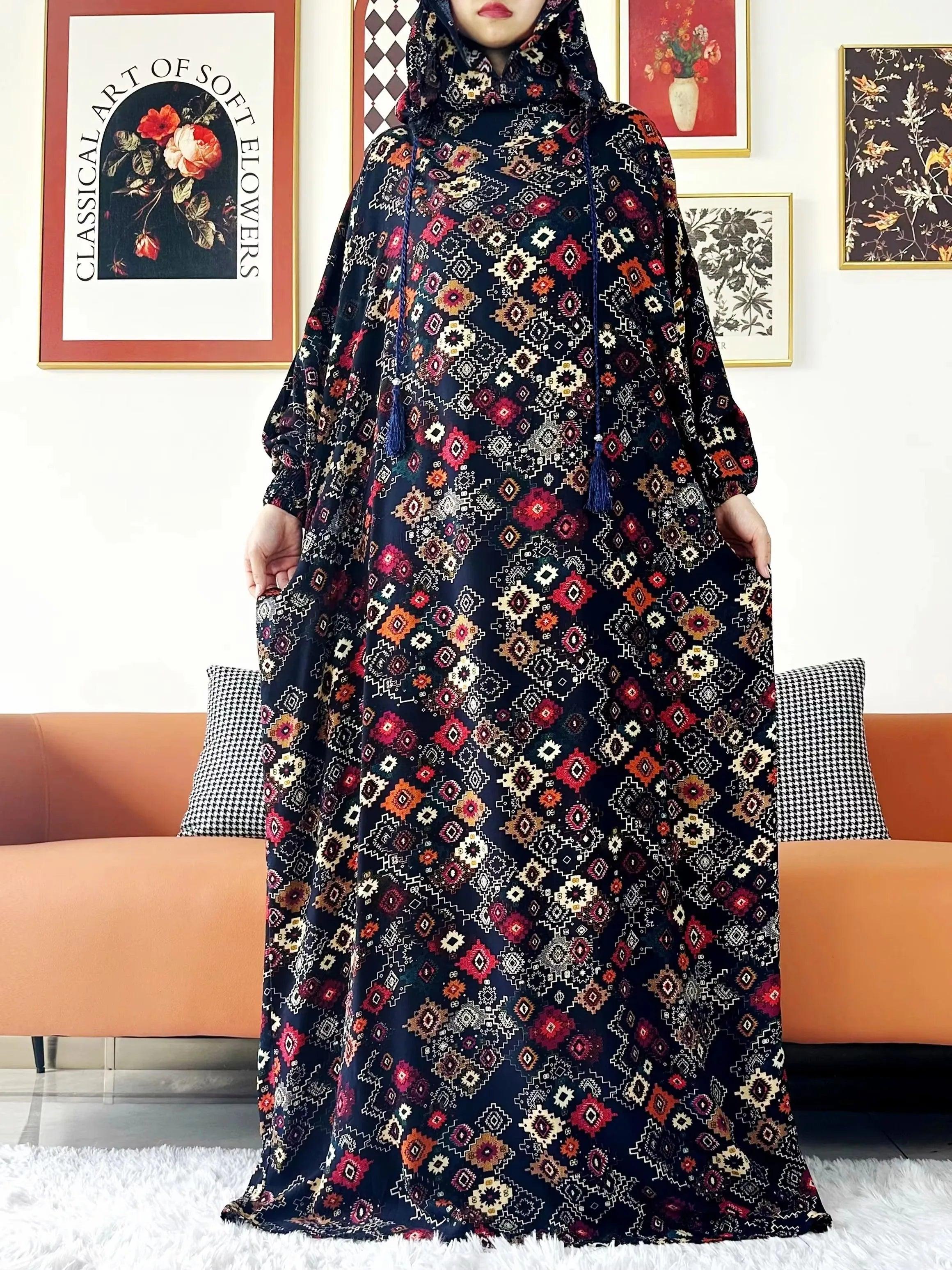 Floral Two-Hat Hooded Abaya – Loose Cotton Kaftan