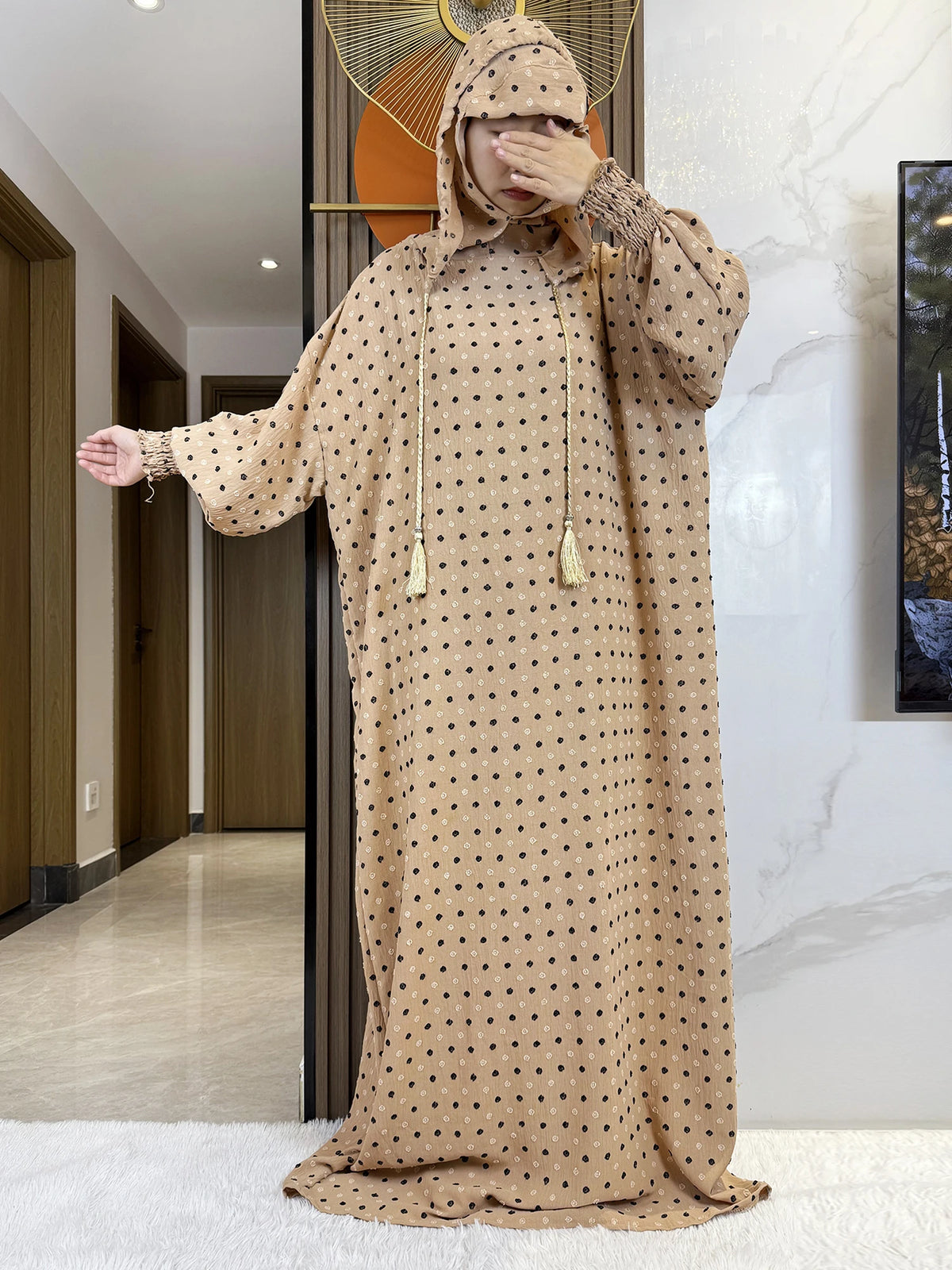 Beige fine-dot hooded prayer dress, full-length front view