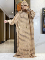 Beige fine-dot hooded prayer dress, full-length front view