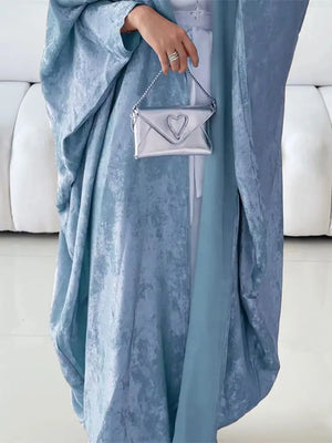 HIA Textured Satin-Look Open Abaya — Sky Blue, drape and fabric detail