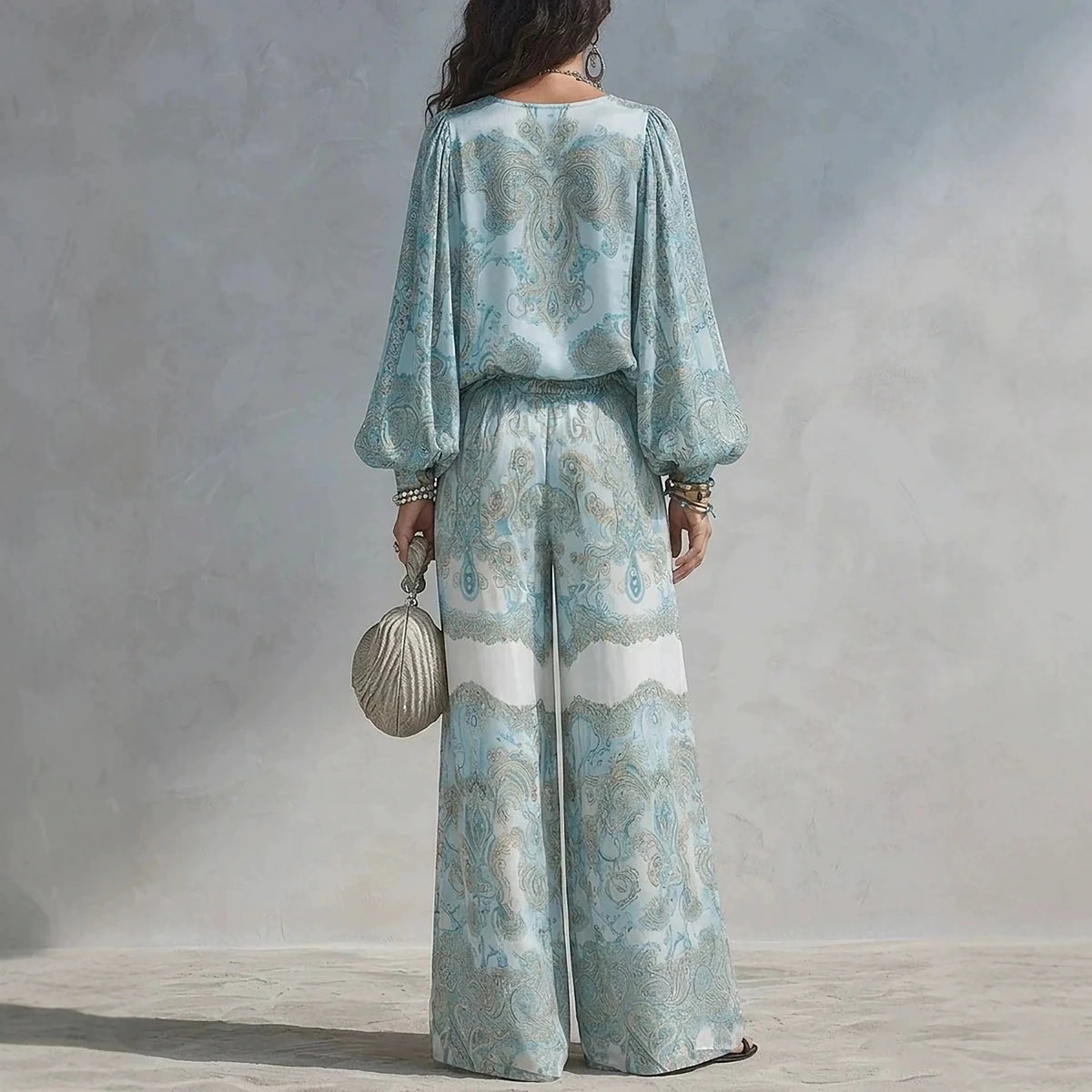 Seafoam Paisley Blouse & Wide-Leg Pants Set — back view