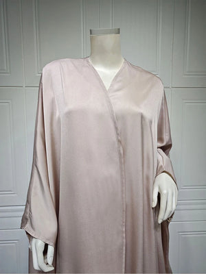 Taupe satin-look open abaya displayed on a mannequin