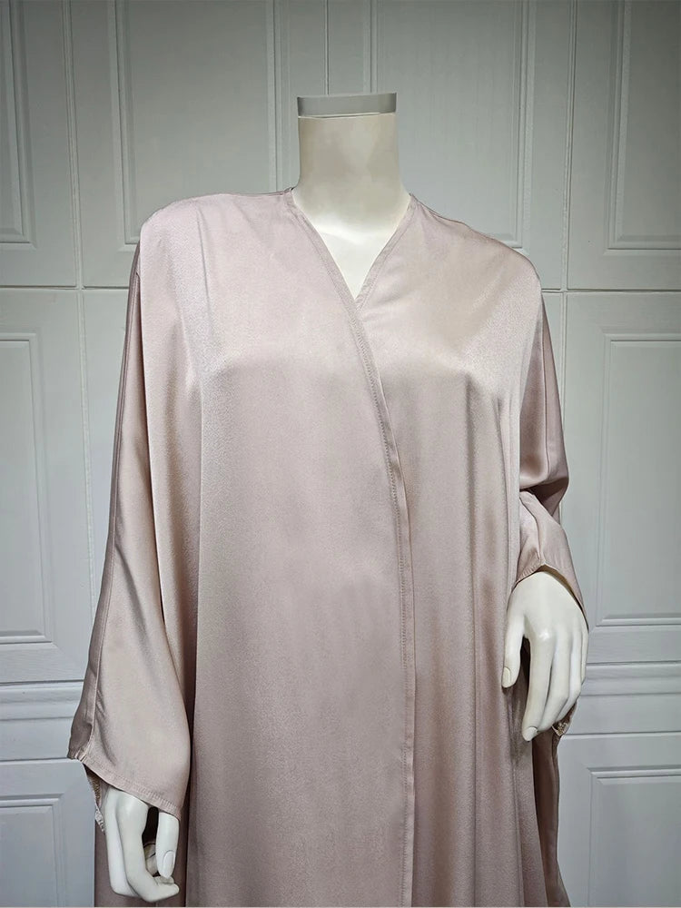 Taupe satin-look open abaya displayed on a mannequin