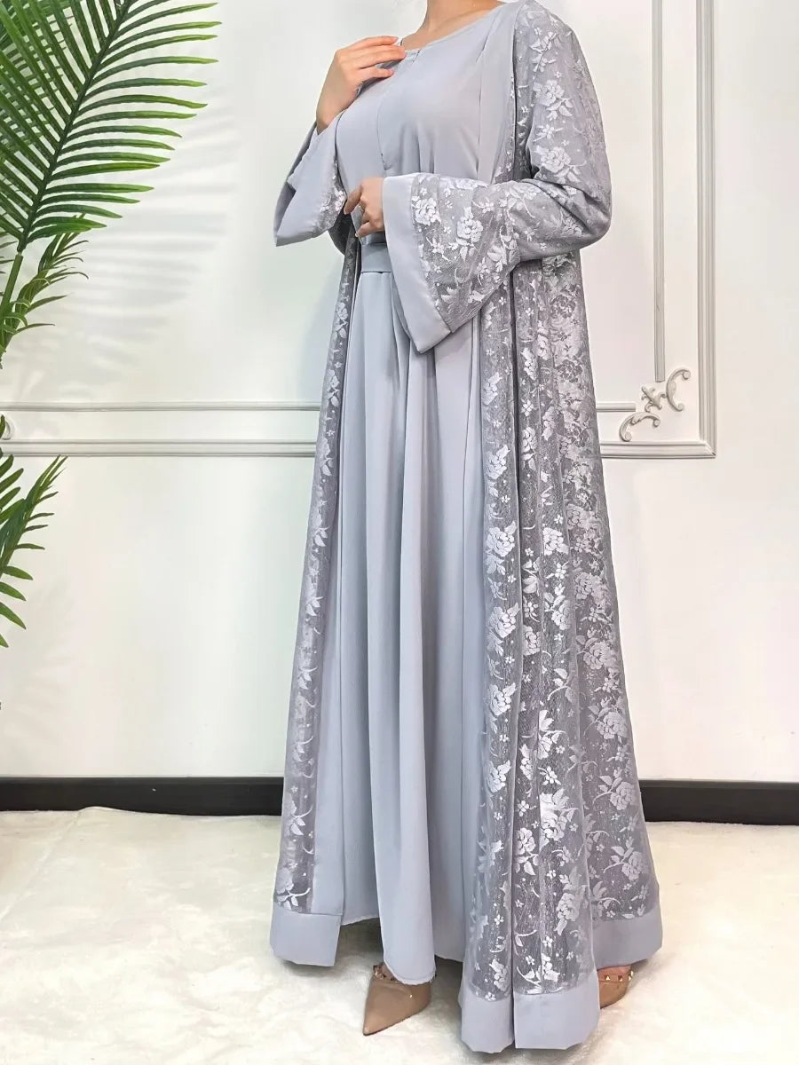 HIA Floral Lace Abaya & Inner Dress Set — Light Gray, full front view