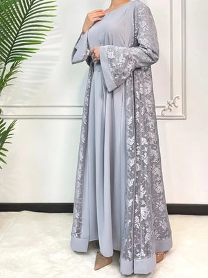 HIA Floral Lace Abaya & Inner Dress Set — Light Gray, full front view