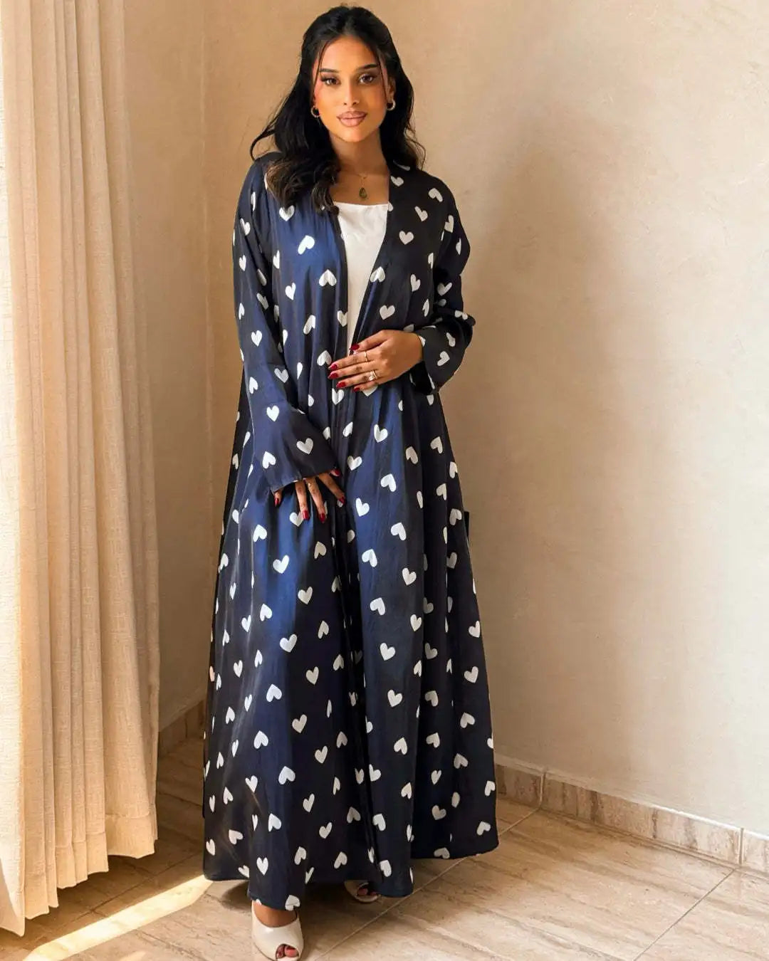 Heart Print Abaya & Hijab Set — Navy with White Hearts front