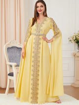 HIA Gilded Cape-Sleeve Occasion Dress — Light green full-length view