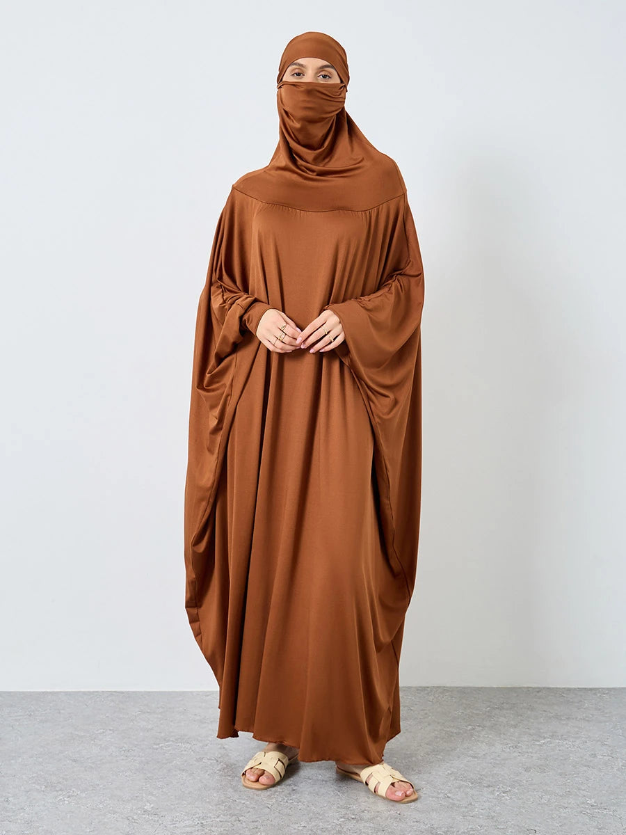 HIA classic hooded prayer dress in coffee – front view
