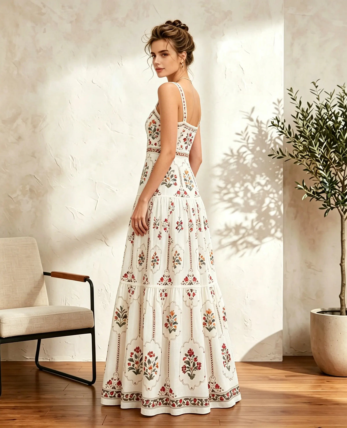 Floral Border Square-Neck Cami Maxi Dress — side and back view