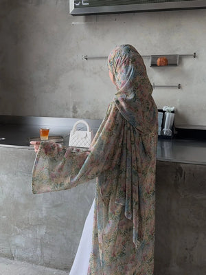 HIA soft floral open abaya and scarf – sleeve view