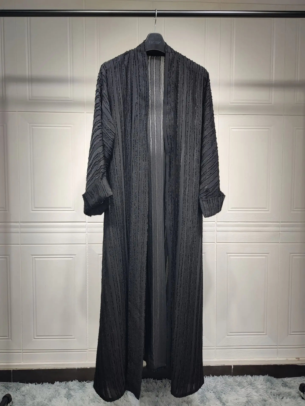 Textured Stripe Open Abaya in Black — HIA