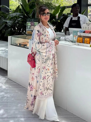 HIA Floral Border Open Abaya — Ivory Floral, styled over a light outfit