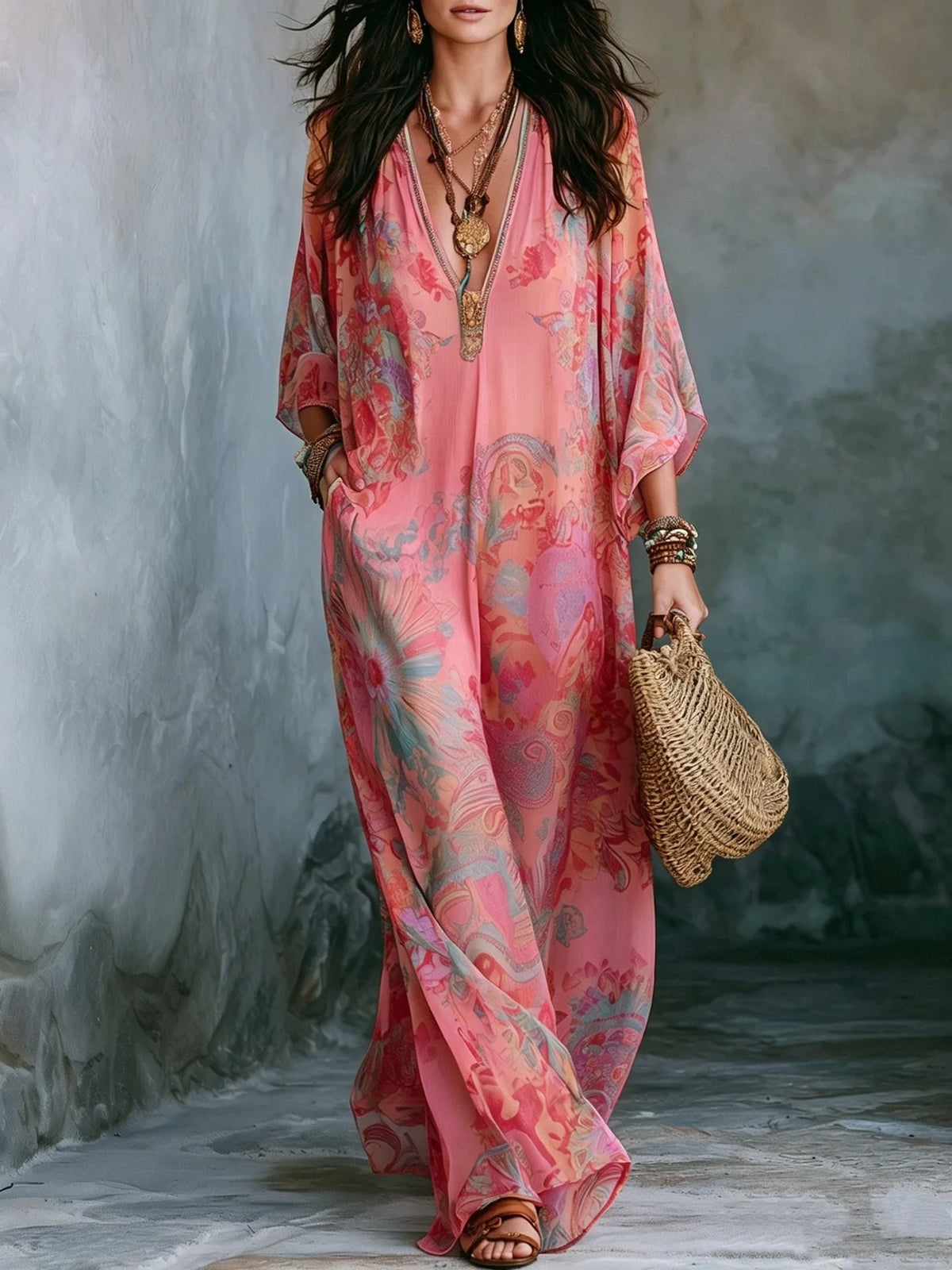 HIA pastel paisley V-neck kaftan — Yellow mannequin front view