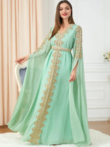 HIA Gilded Cape-Sleeve Occasion Dress — Yellow full-length view
