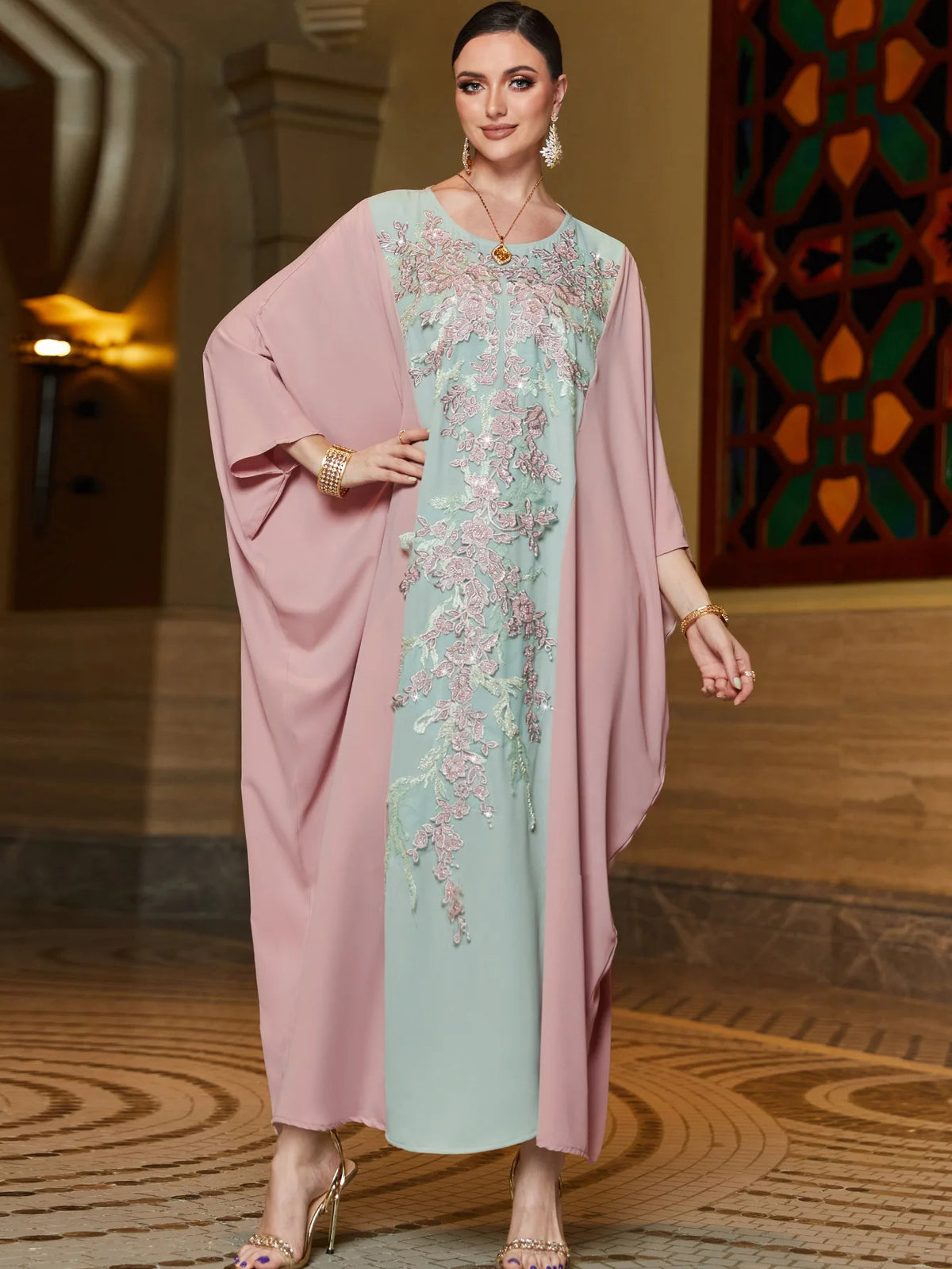 Rose & Mint Embellished Kaftan — Styled front